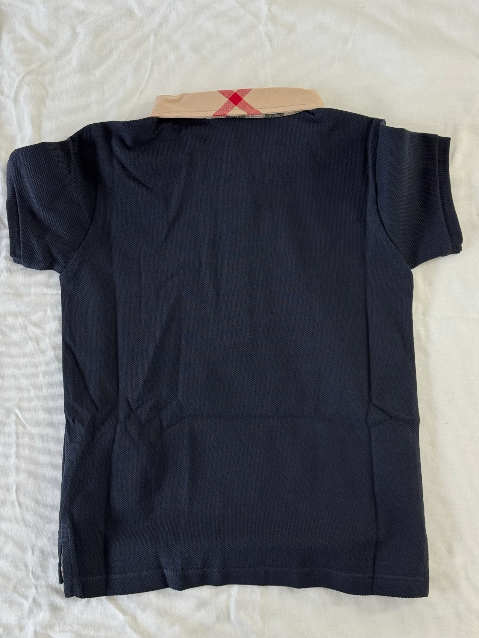 Navy blue piqué polo with plaid fabric collar – photo 6